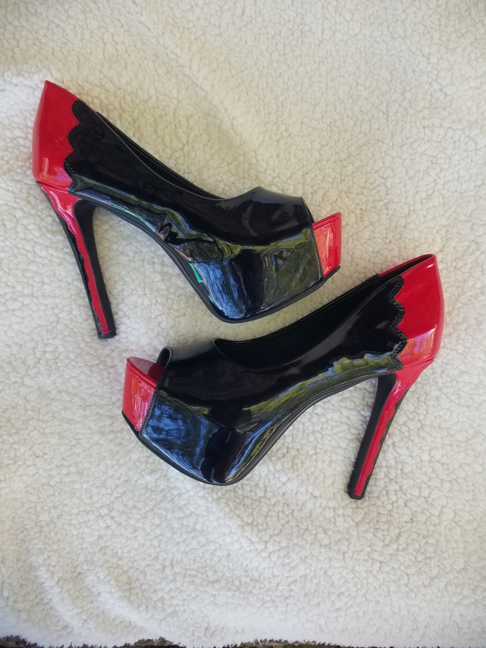 Patent Black and Red Peep-Toe Stiletto Heels